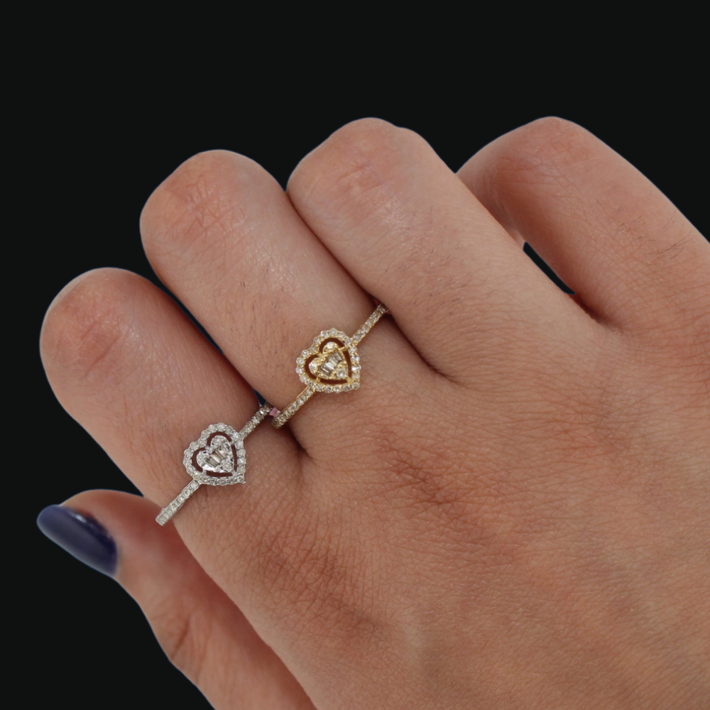 Anillo de corazón de diamante de oro de 14K auténtico