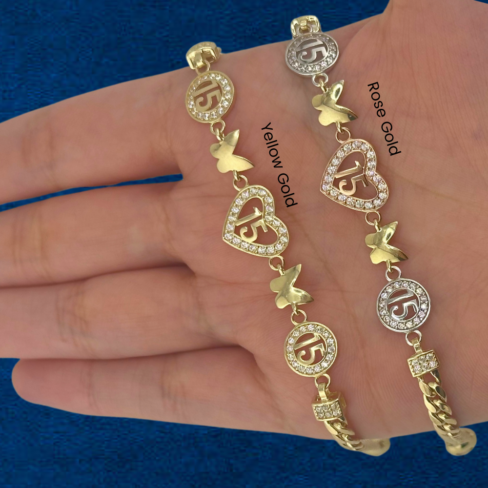 Pulsera de quinceañera de oro de 10K real