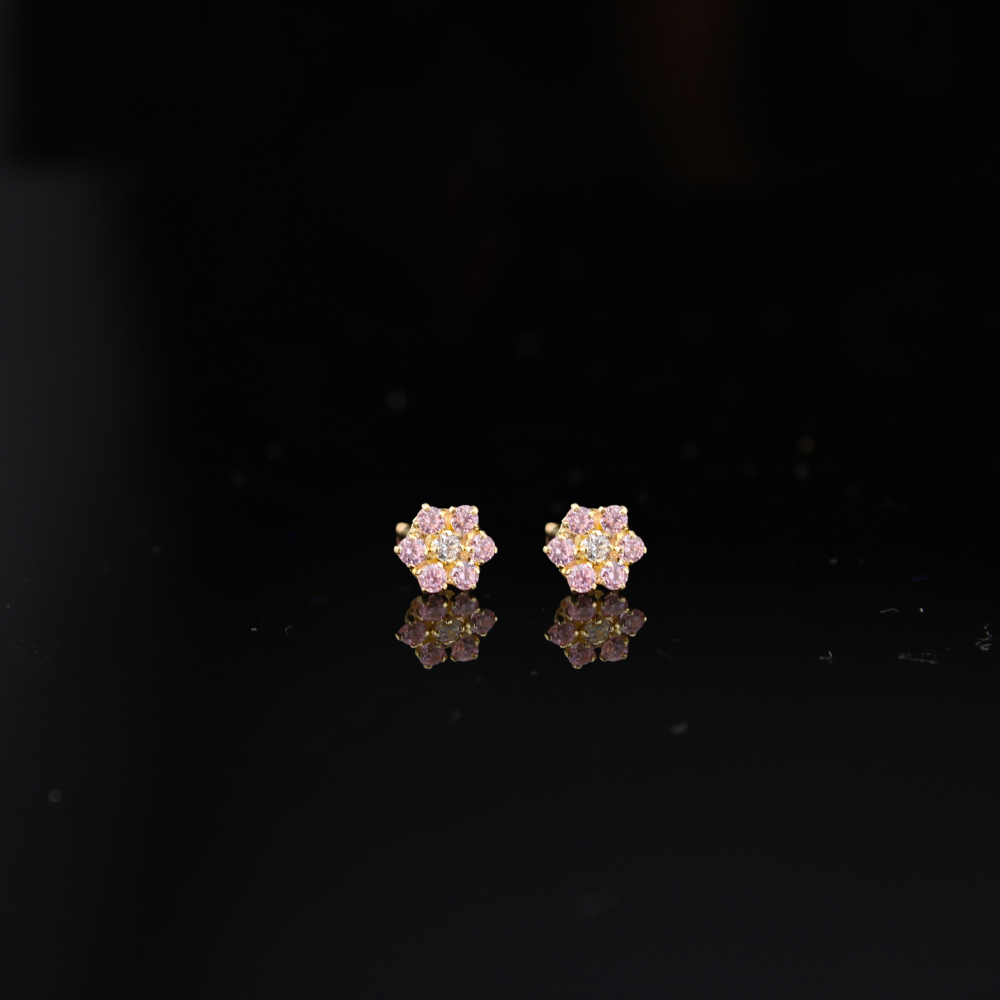 Real 14K Gold Mini Flower Pink Studs