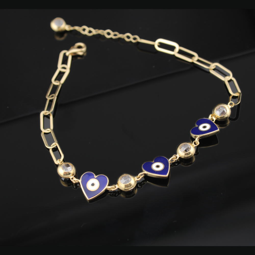 Pulsera de oro de 10K auténtico con corazón y ojo turco