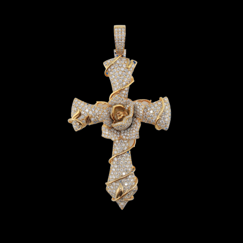 Real 10K Gold And Diamond Cross with flower