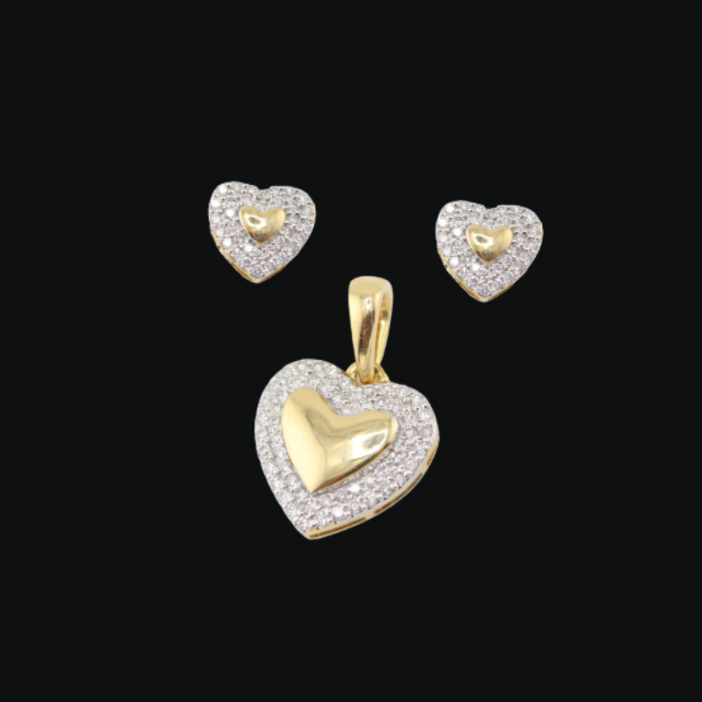 Juego de colgante de corazón con diamantes de oro de 10 quilates auténtico