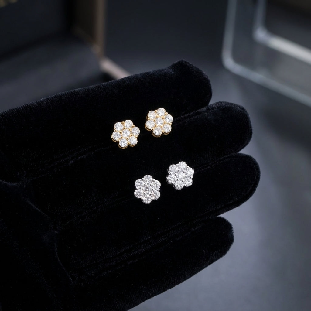 Real 10K Gold Diamond Flower Earrings 0.94 CTW
