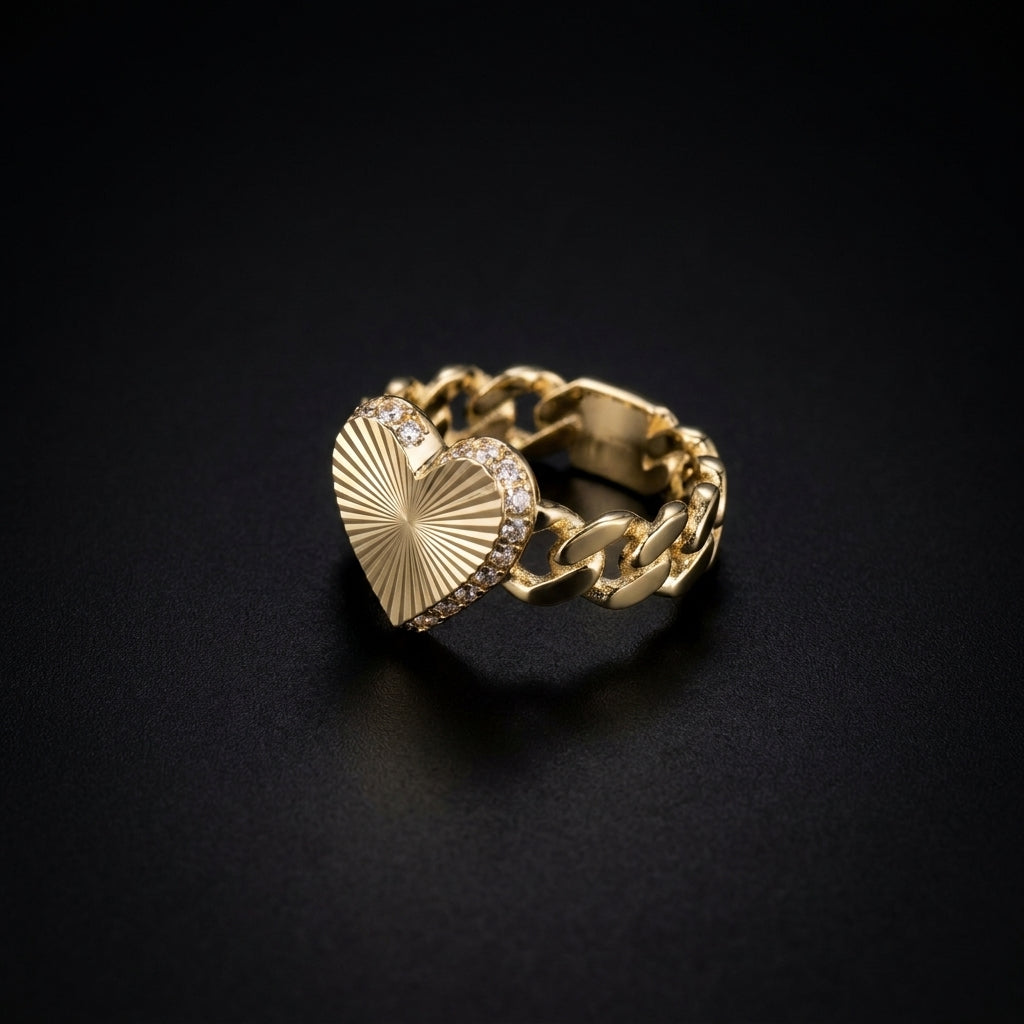 10K Gold Heart Ring Cuban Band CZ