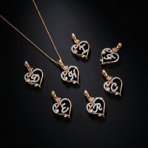 10K Diamond Initial Heart Rose Pendant