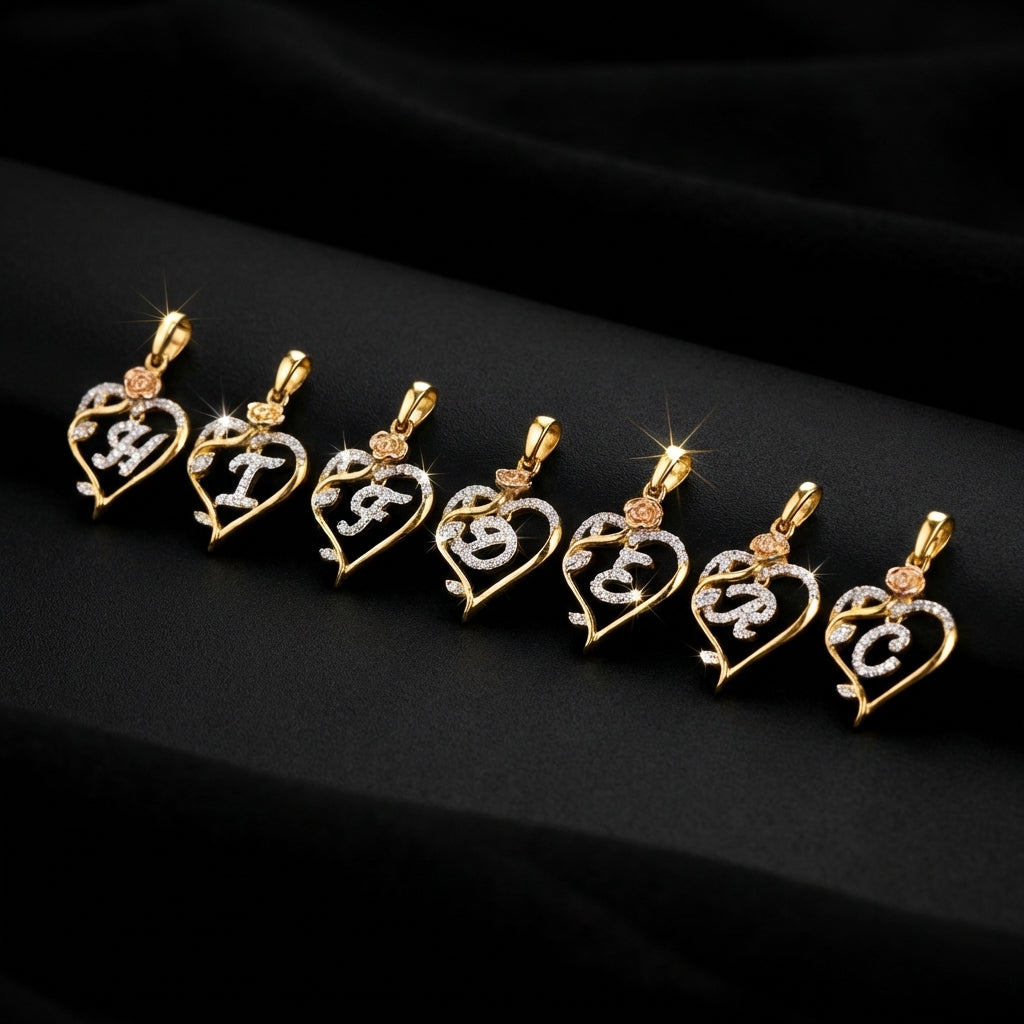 10K Diamond Initial Heart Rose Pendant