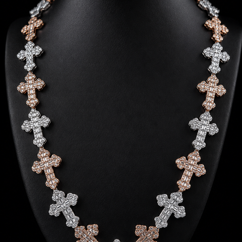 Real 10K Gold Diamond Cross Bagguette Chain