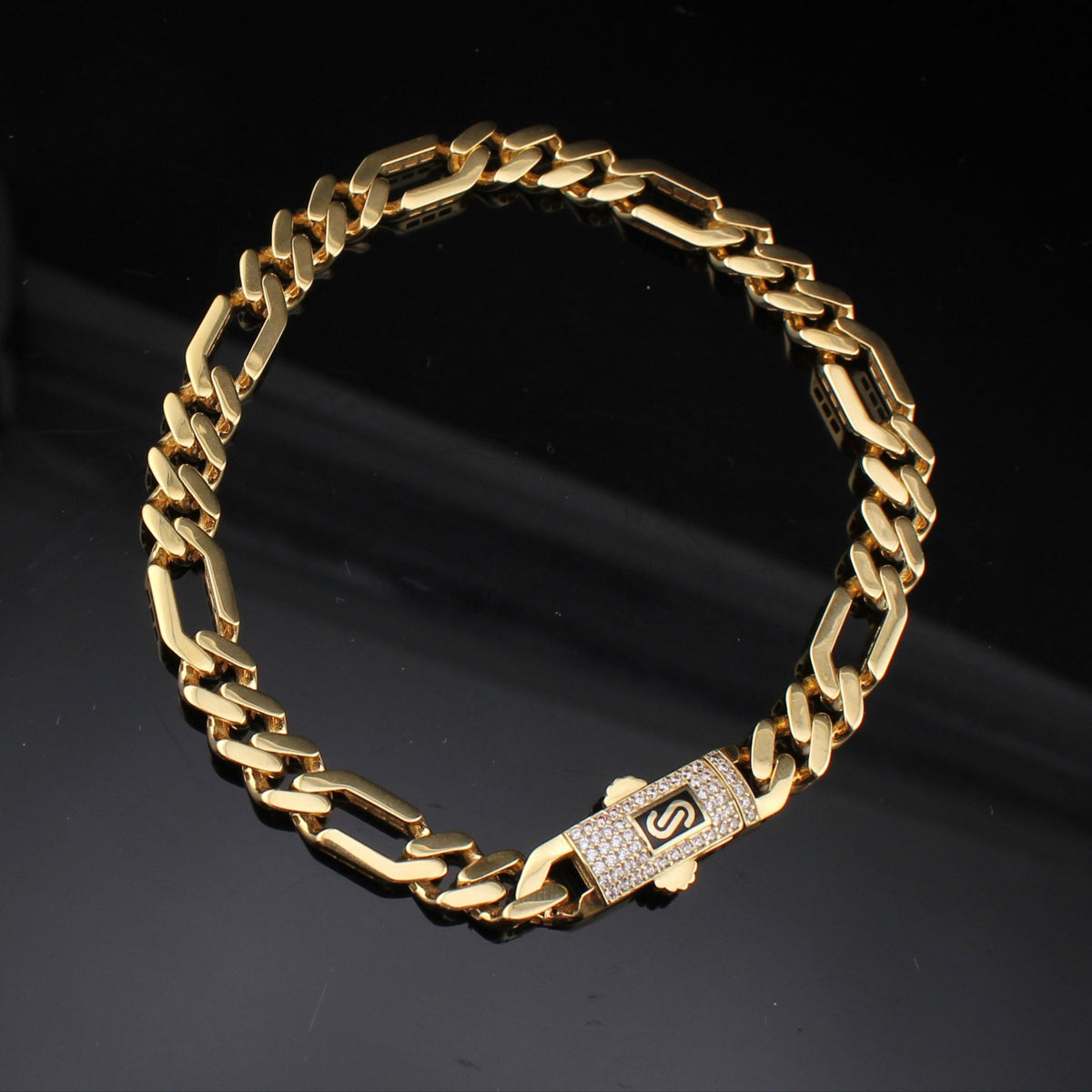 Pulsera estilo Monoco Figaro de oro de 14K de 6.5mm auténtico