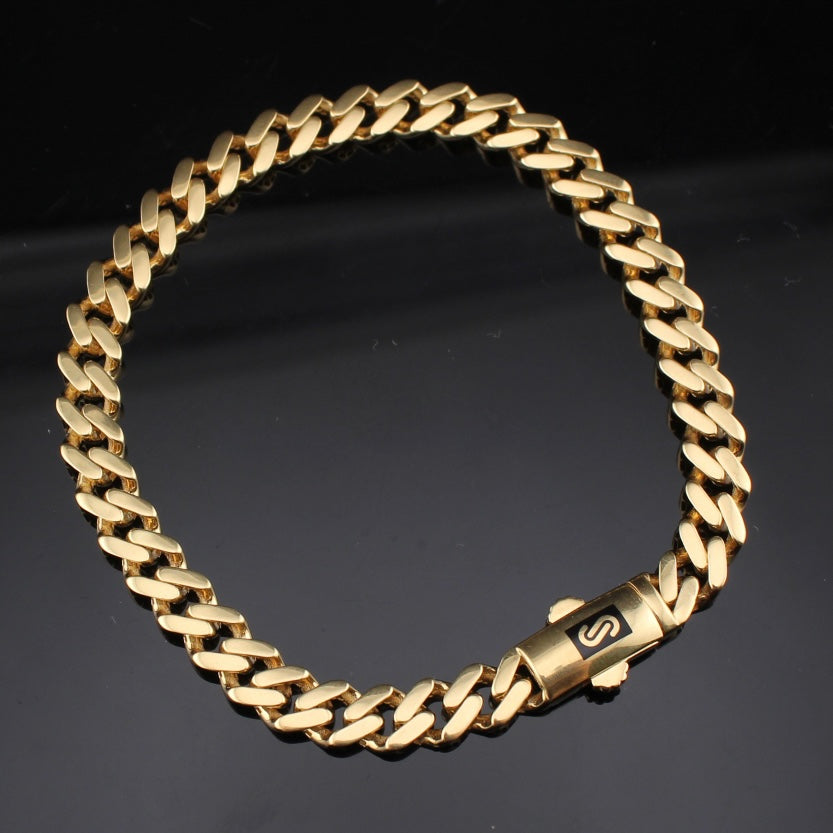 Pulsera de oro auténtico de 14K de 6.5mm estilo cubano Monoco