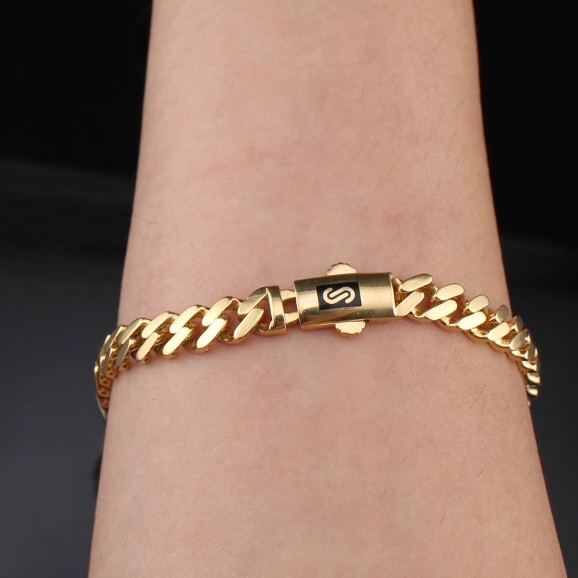 Pulsera de oro auténtico de 14K de 6.5mm estilo cubano Monoco