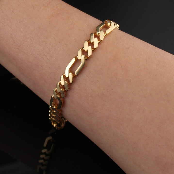Pulsera estilo Monoco Figaro de oro de 14K de 6.5mm auténtico
