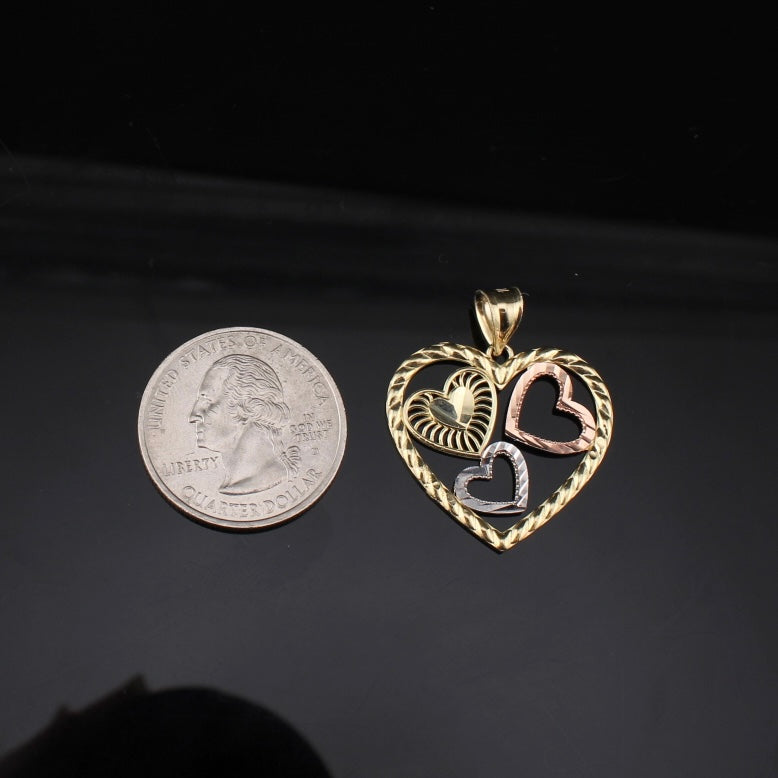 Colgante de corazón de oro tricolor de 10K real