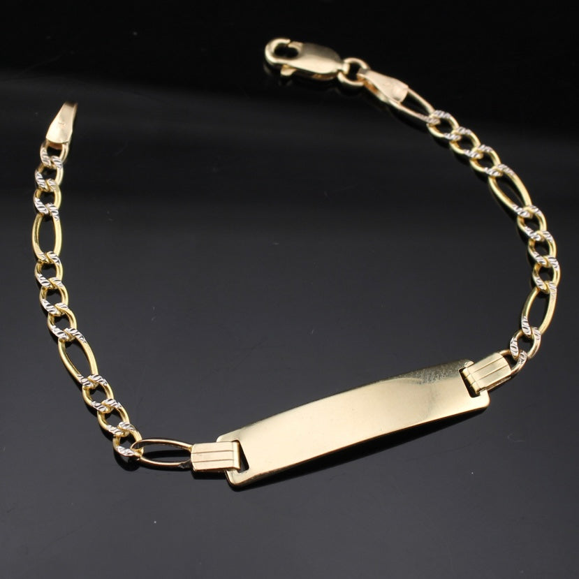Pulsera de identificación Figaro con corte de diamante de oro de 10K real