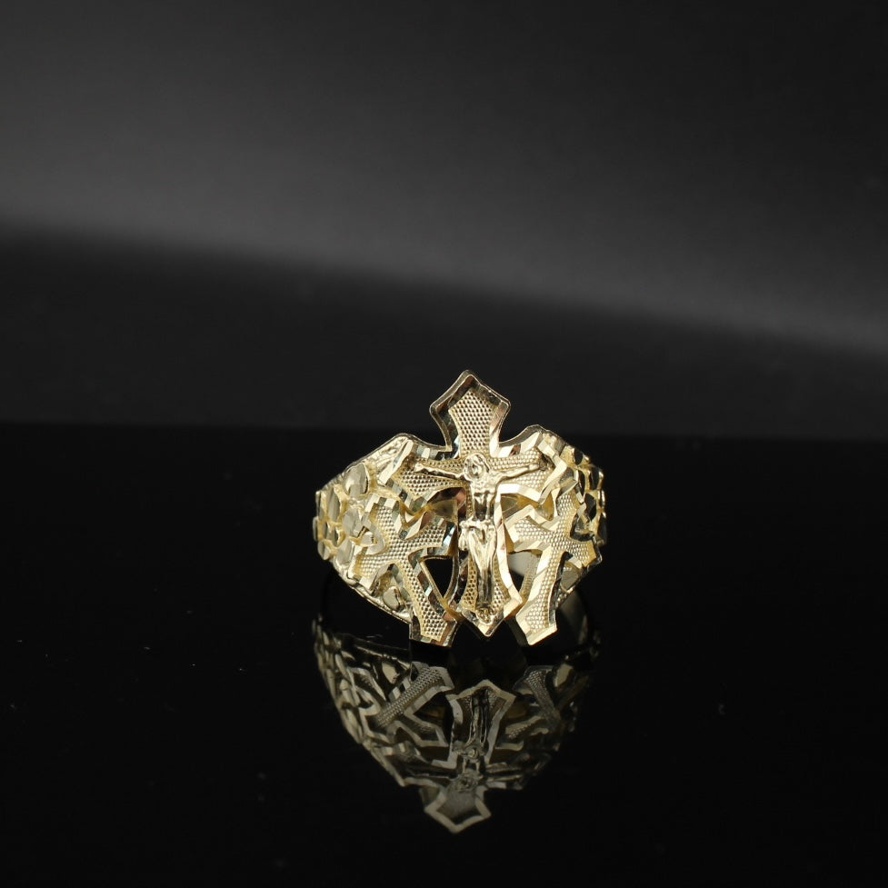 Anillo de triple cruz crucifijo de oro de 10 quilates auténtico