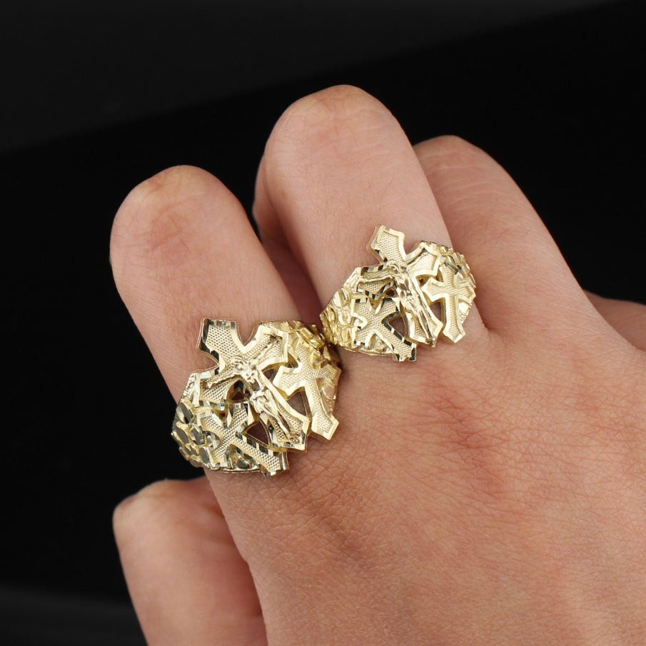 Anillo de triple cruz crucifijo de oro de 10 quilates auténtico