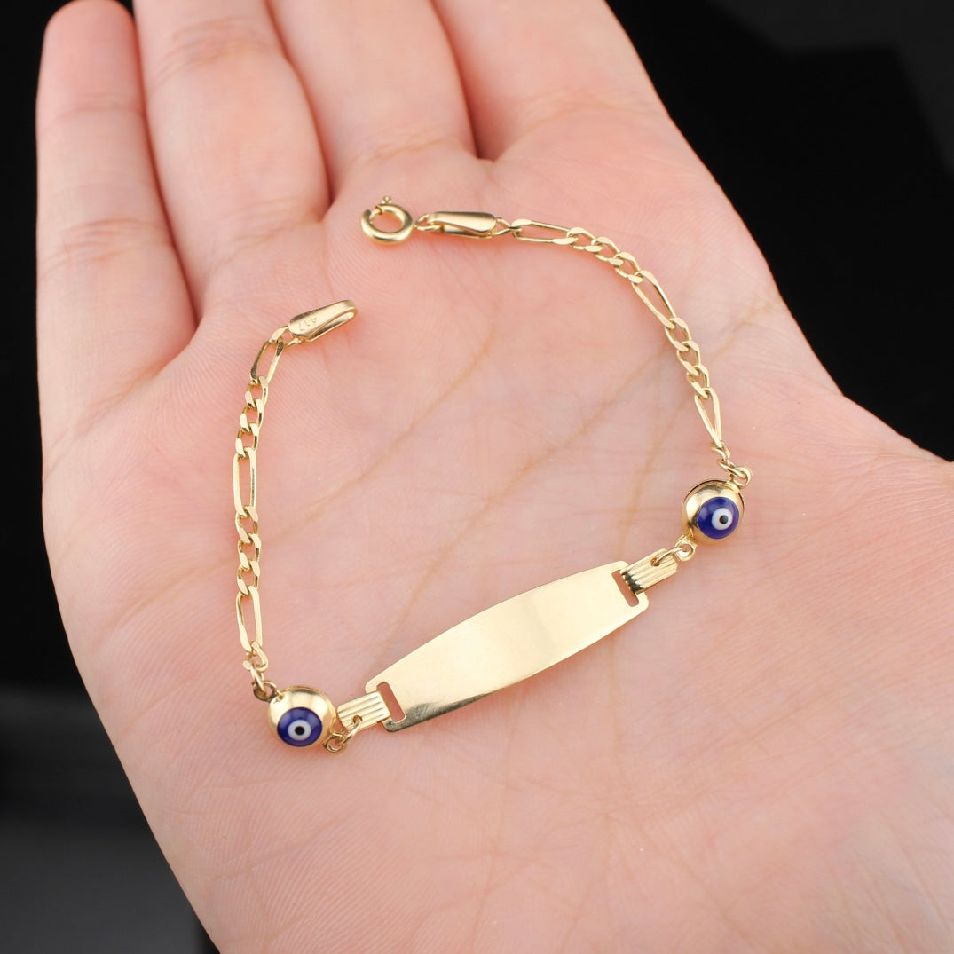 Real 10K Gold Baby Evil Eye Figaro Bracelet
