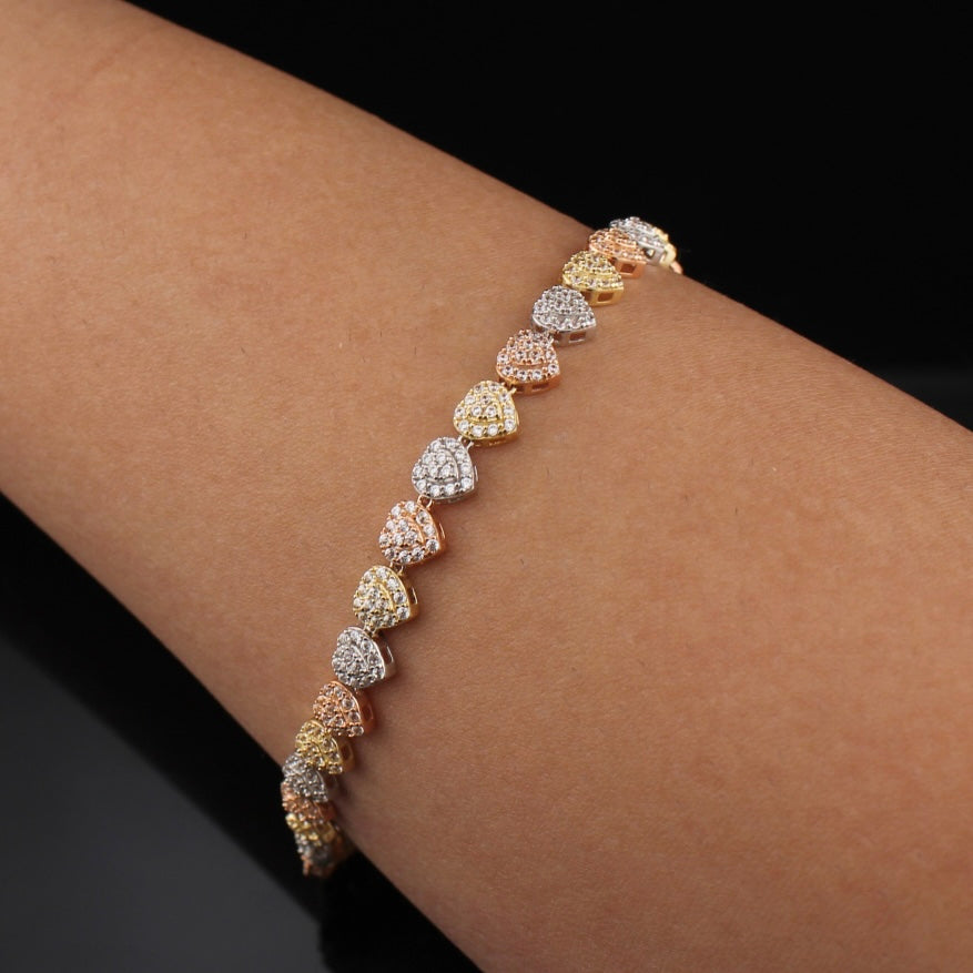 Pulsera de Corazón de Oro Tricolor de 14K Auténtico