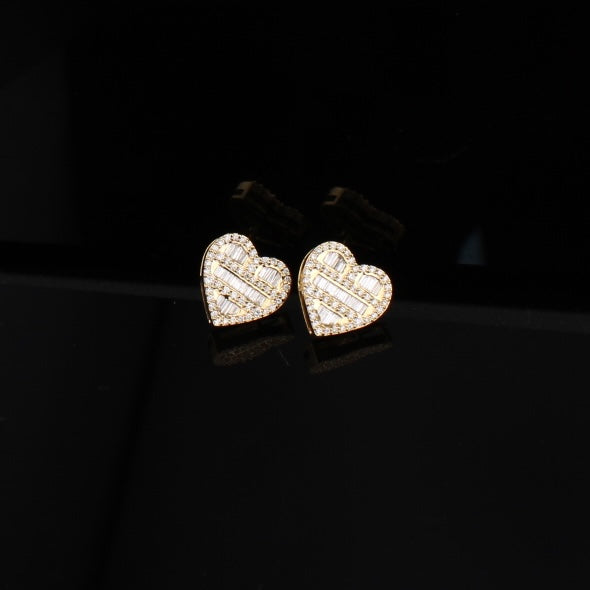 men's 10K Diamond Heart Earrings Yellow Gold - on black background - ICEbyAK