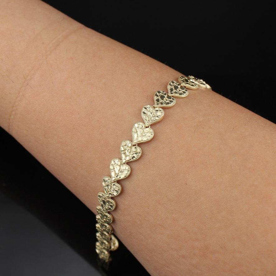 Pulsera de corazón de pepita de oro de 10K auténtico