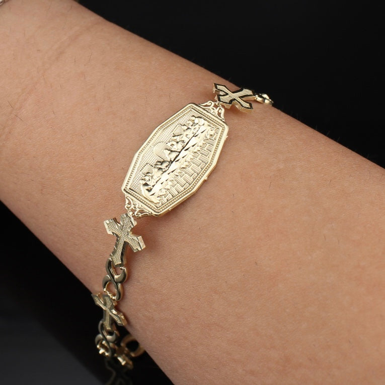 Pulsera de oro de 10K con cruz de la Última Cena auténtica