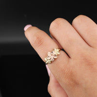 Anillo de flor de hibisco de oro rosa de 10 quilates auténtico