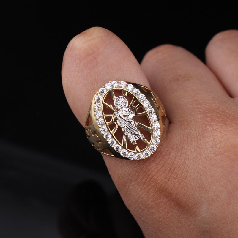 Anillo grande de oro de 10K auténtico con cruz de San Judas