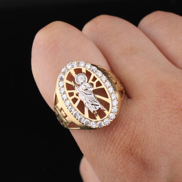 Anillo grande de oro de 10K auténtico con cruz de San Judas