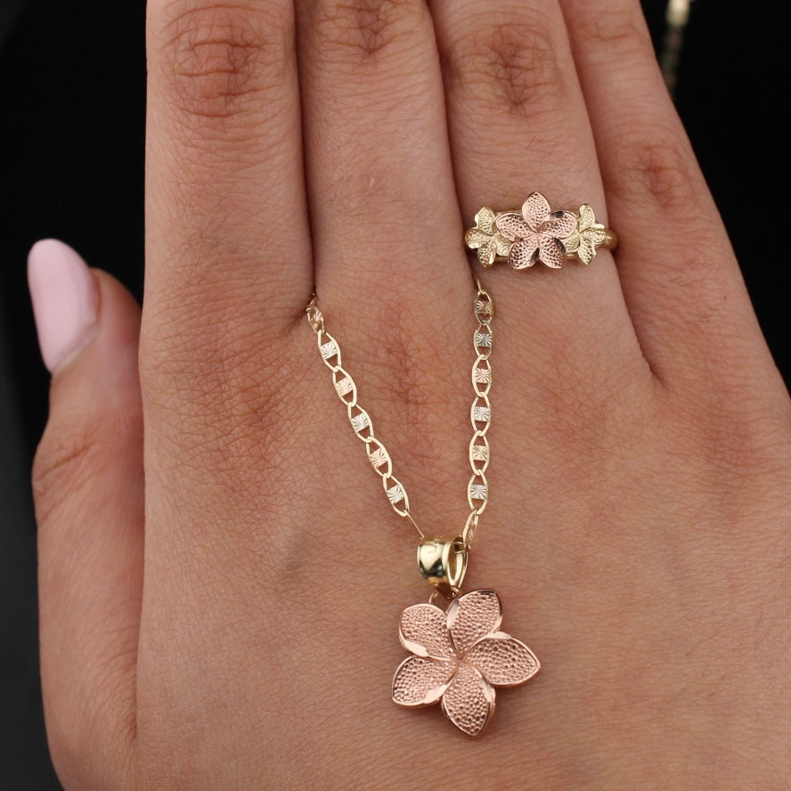 Real 10K Rose Gold Plomera Flower Necklace & Ring