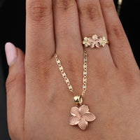 Real 10K Rose Gold Plomera Flower Necklace & Ring