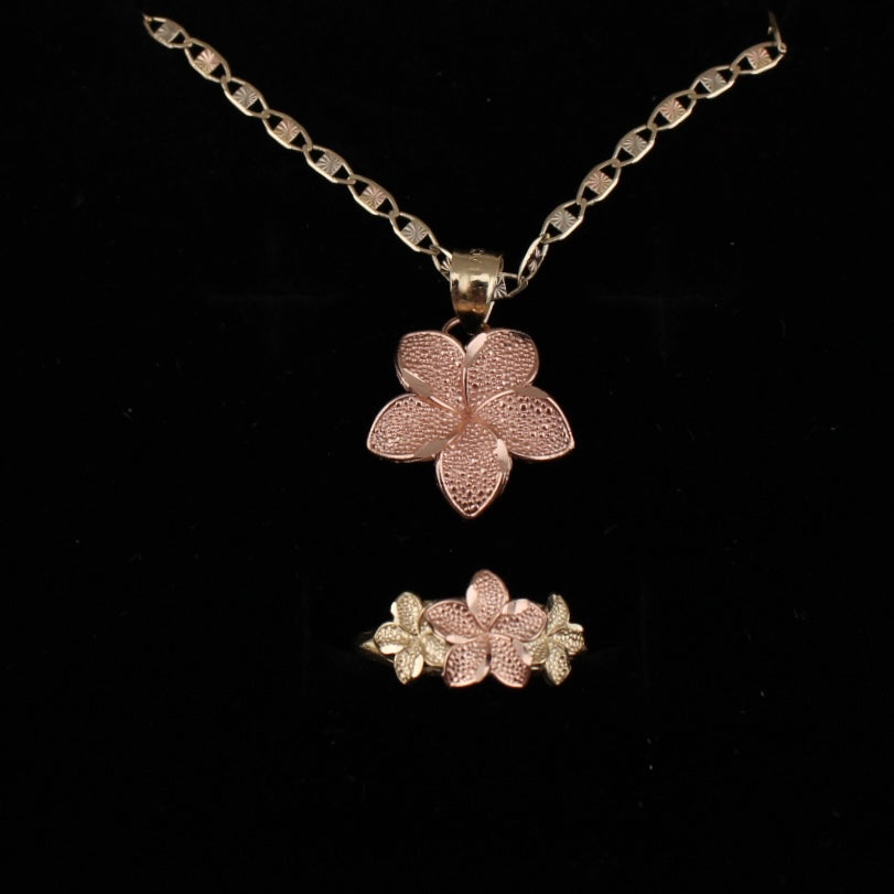 Real 10K Rose Gold Plomera Flower Necklace & Ring