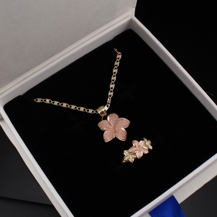 Real 10K Rose Gold Plomera Flower Necklace & Ring