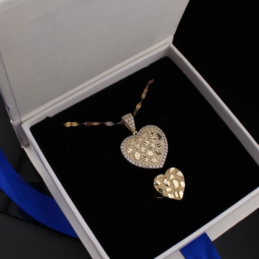Juego de Collar y Anillo de Oro de 10K con Corazón de Pepita Genuina