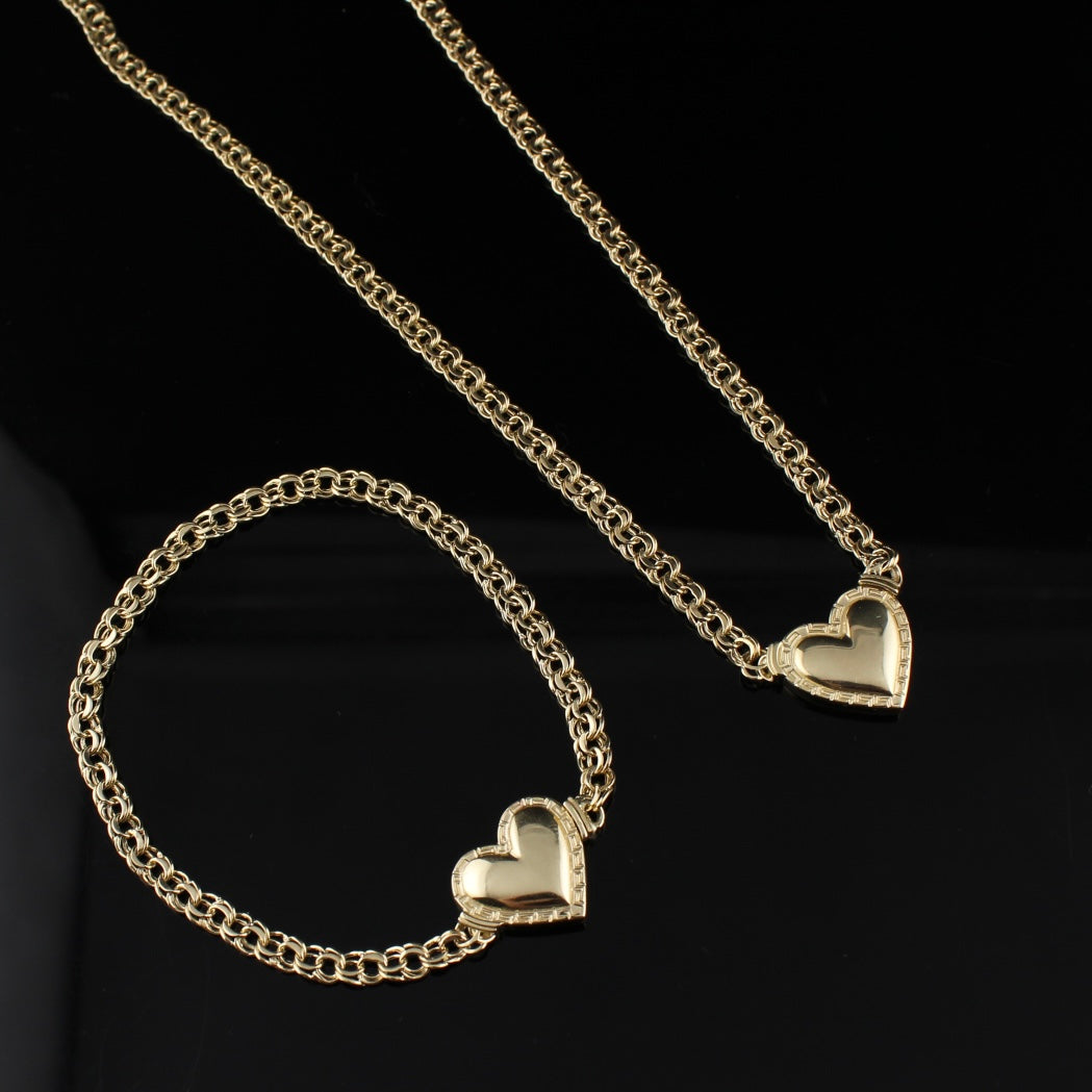 Conjunto de cadena y pulsera de corazón Chino de oro de 10K auténtico