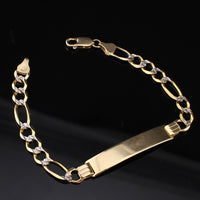 Pulsera de identificación Figaro con corte de diamante de oro de 10K real