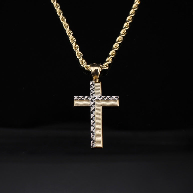 Colgante de cruz de oro auténtico de 10K + cadena de cuerda de 3 mm