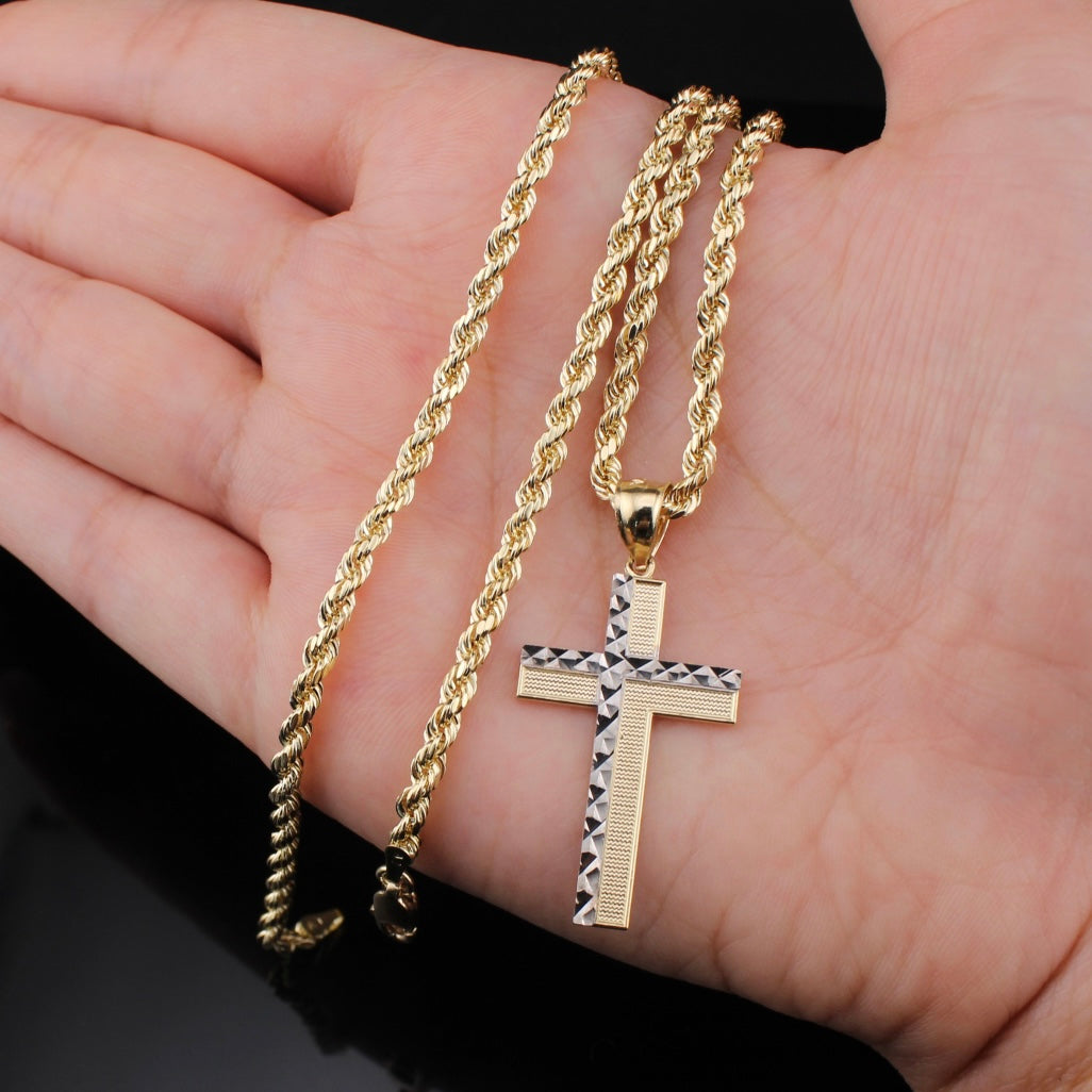 Colgante de cruz de oro auténtico de 10K + cadena de cuerda de 3 mm