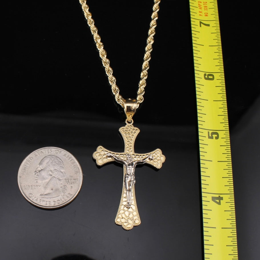 Real 10K Gold Nugget Cross Crucifix Pendant & Chain