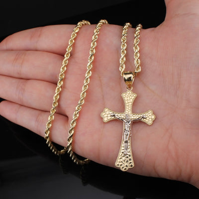 10K Gold Nugget Cross Crucifix Pendant & Chain