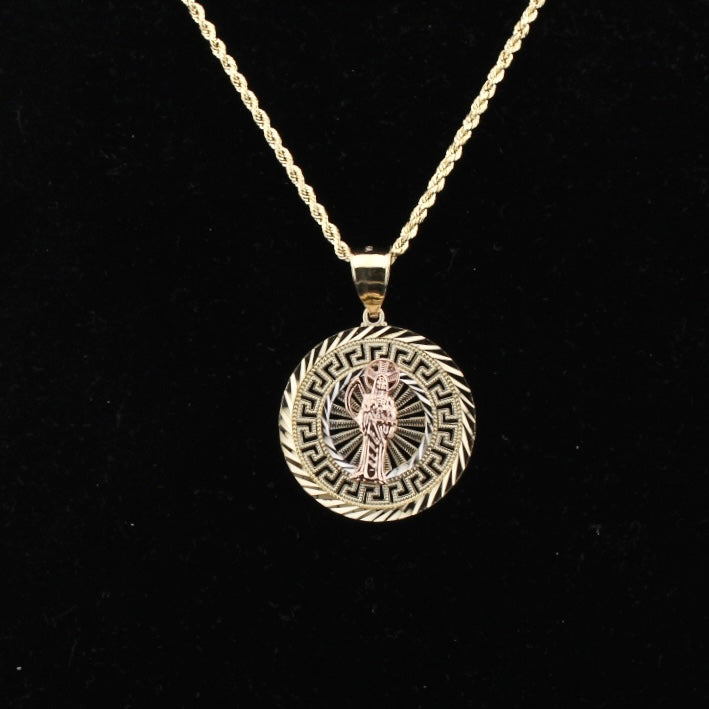 Real 10K Gold Santa Muerte Round Pendant + 2mm Chain