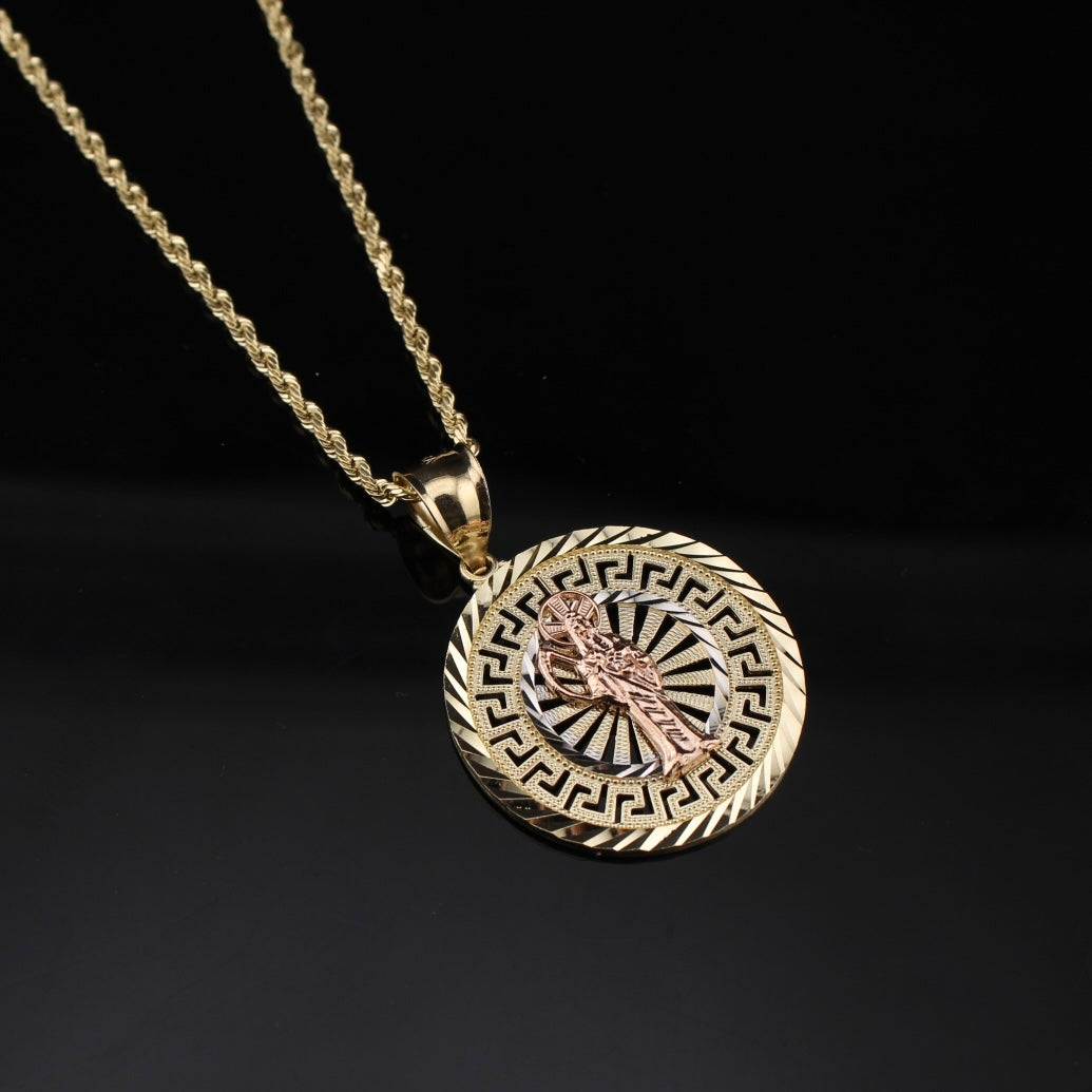 10K Gold Santa Muerte Round Pendant + 2mm Chain