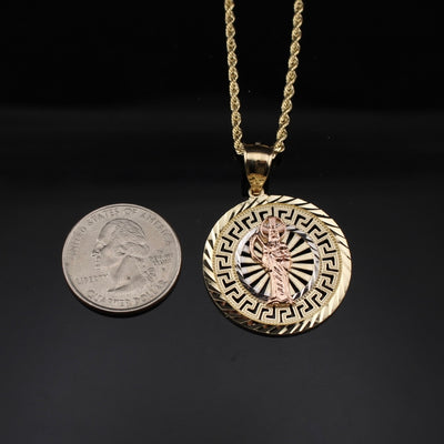 10K Gold Santa Muerte Round Pendant + 2mm Chain