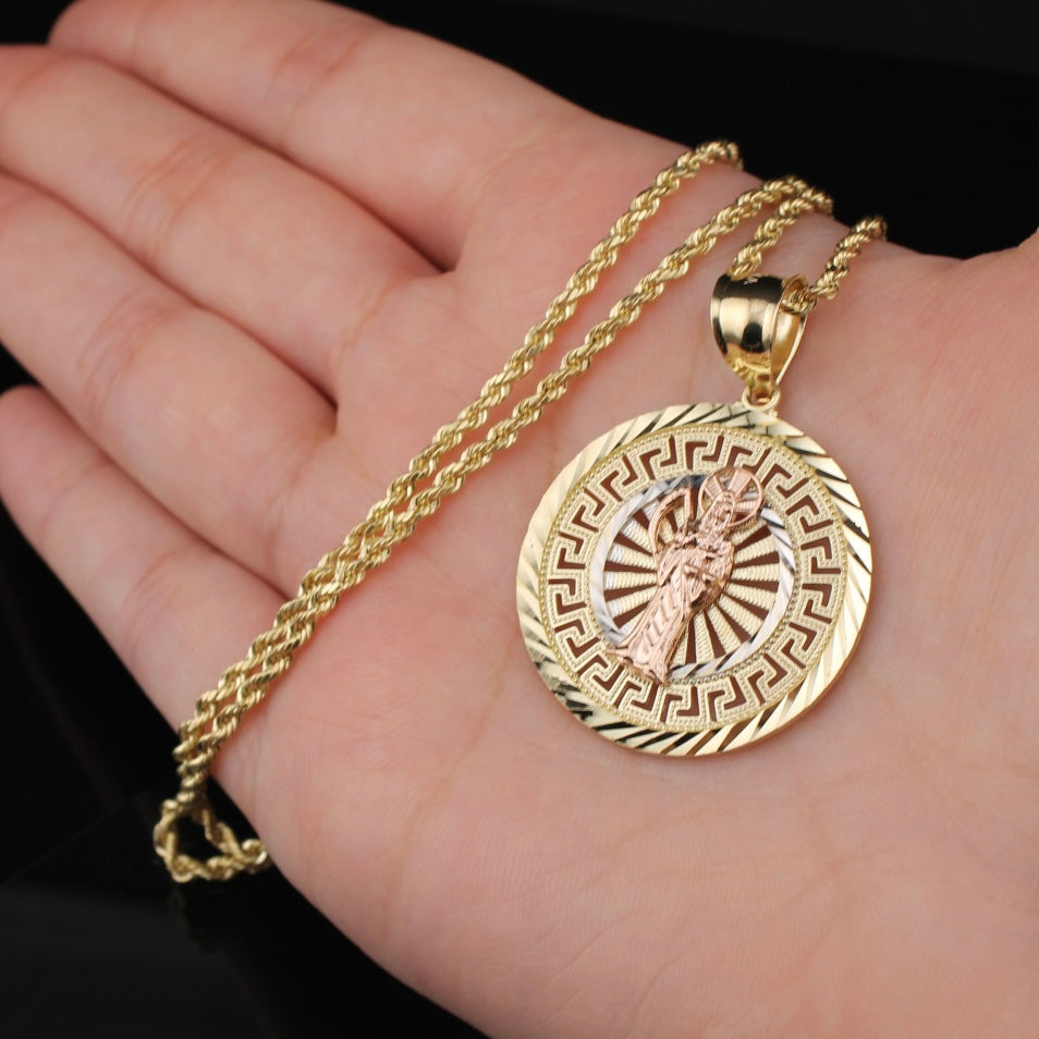 10K Gold Santa Muerte Round Pendant + 2mm Chain
