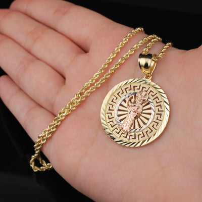 10K Gold Santa Muerte Round Pendant + 2mm Chain