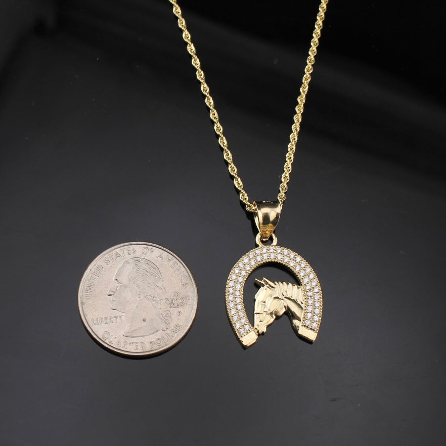 Dije de herradura de oro de 10K auténtico y cadena tipo soga de 1.5 mm
