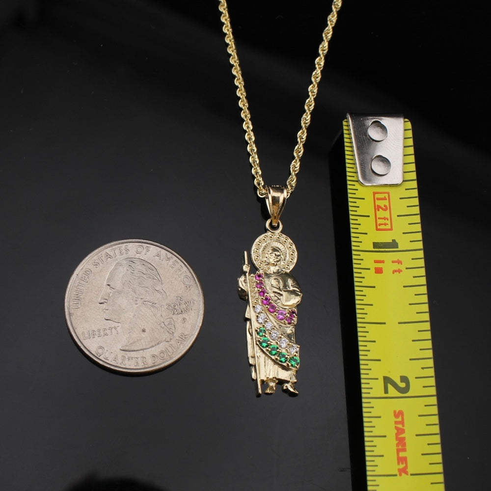 Dije de San Judas de oro de 10K auténtico y cadena tipo soga de 1,5 mm