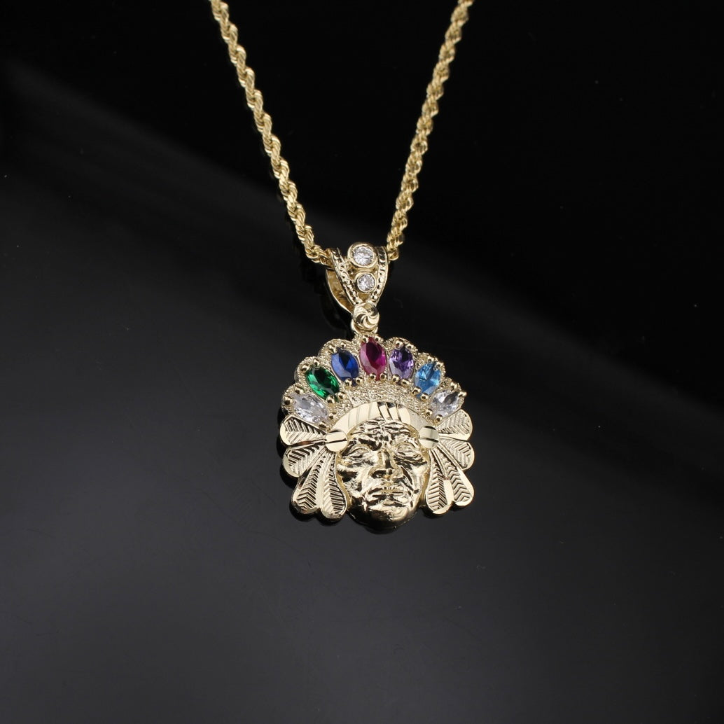 Real 10K Gold Indian Head Pendant + 2mm Chain
