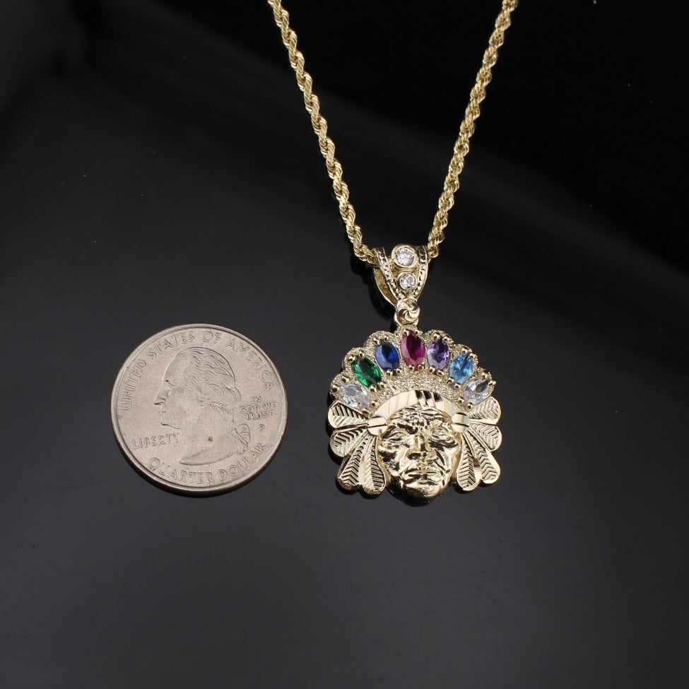 Real 10K Gold Indian Head Pendant + 2mm Chain