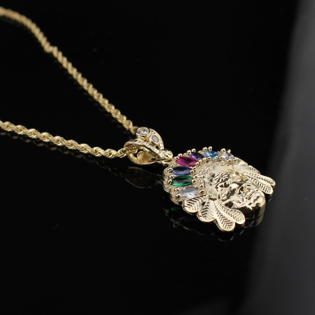 Real 10K Gold Indian Head Pendant + 2mm Chain