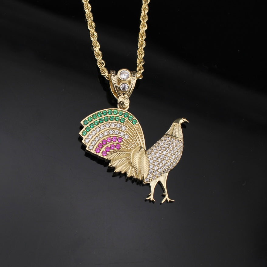Colgante de gallo de oro de 10K real + cadena de 2 mm