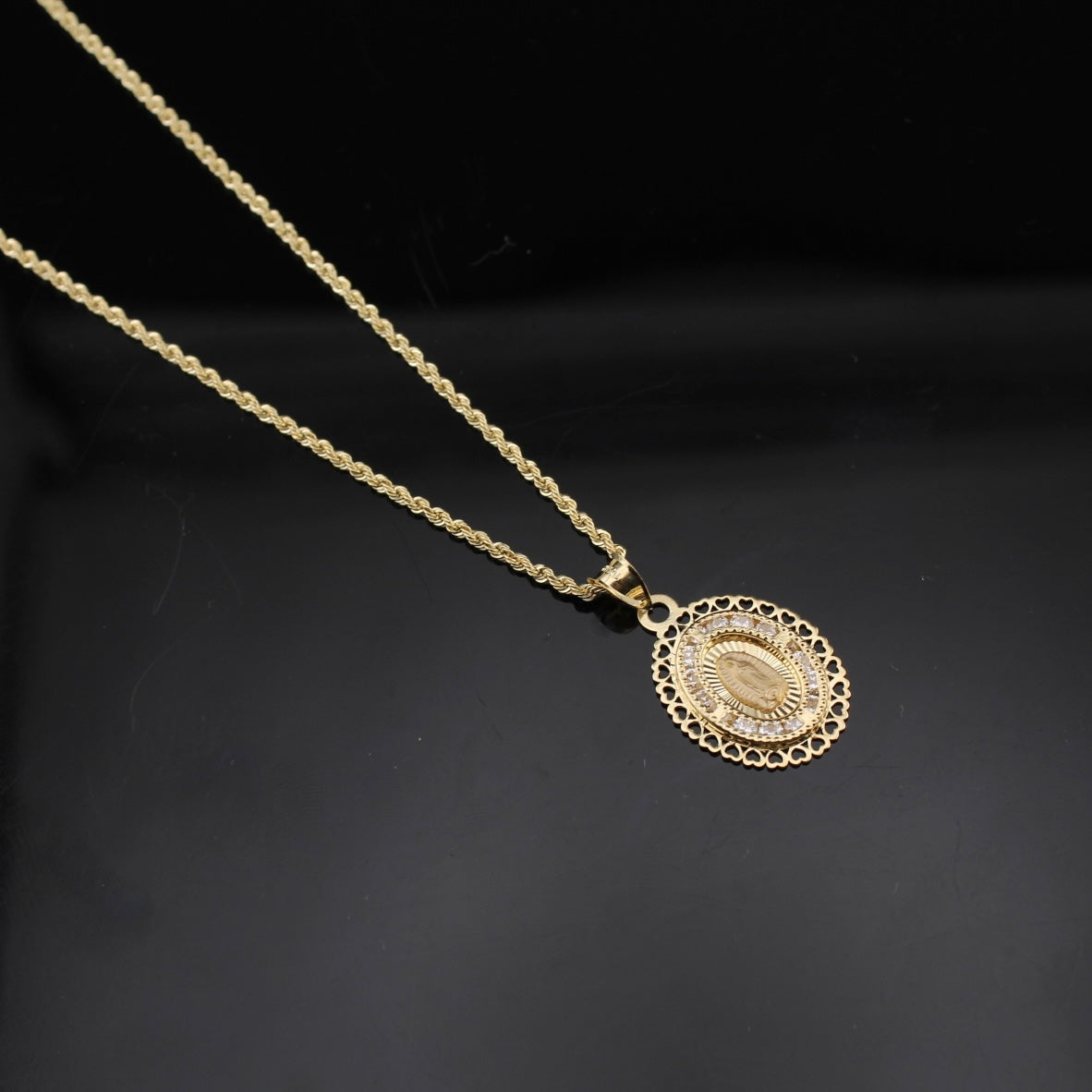 Real 10K Gold Mother Mary Pendant & Rope Chain